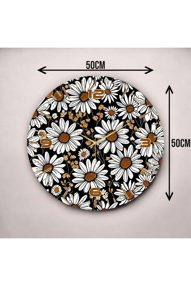 Renkli Baskı Papatya Desenli Sayılı Hediyelik Ahşap Sessiz Duvar Saati 50cm