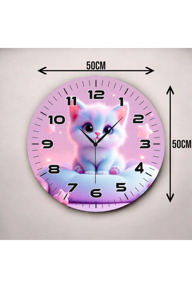 Yavru Kedi Pembe Renkli Baskı Desenli Sayılı Hediyelik Ahşap Sessiz Duvar Saati 50cm