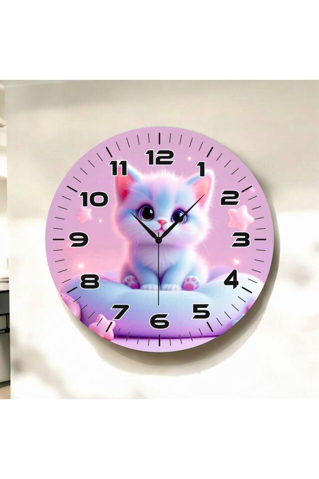 Yavru Kedi Pembe Renkli Baskı Desenli Sayılı Hediyelik Ahşap Sessiz Duvar Saati 50cm