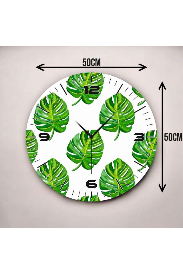 Beyaz Renkli Baskı Yaprak Desenli Sayılı Hediyelik Ahşap Sessiz Duvar Saati 50cm