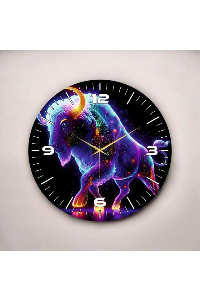 Neon Boğa Renkli Baskı Desenli Sayılı Hediyelik Ahşap Sessiz Duvar Saati 50cm