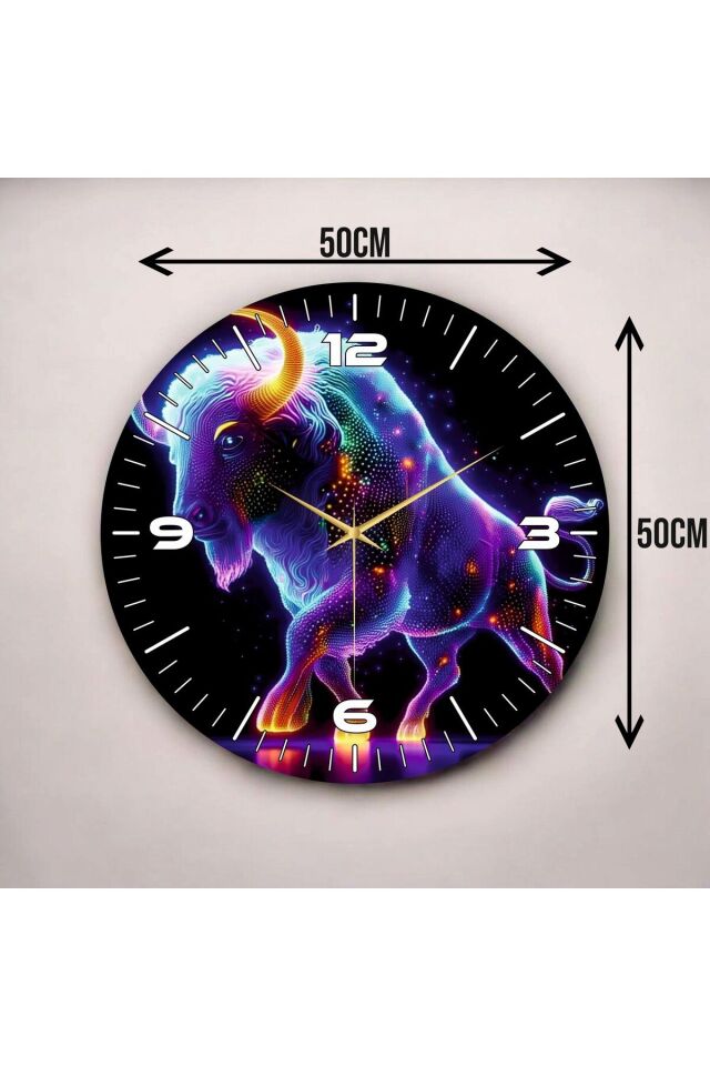 Neon Boğa Renkli Baskı Desenli Sayılı Hediyelik Ahşap Sessiz Duvar Saati 50cm