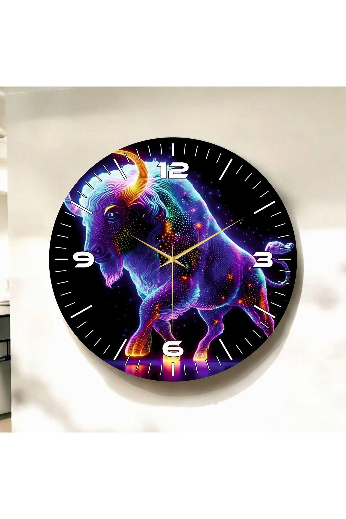 Neon Boğa Renkli Baskı Desenli Sayılı Hediyelik Ahşap Sessiz Duvar Saati 50cm