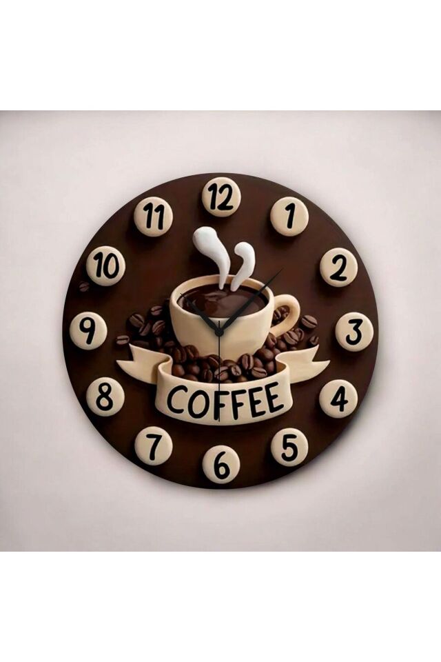Kabartma Görünümlü Kahve Coffee Renkli Baskı Desenli Sayılı Hediyelik Ahşap Sessiz Duvar Saati 50cm