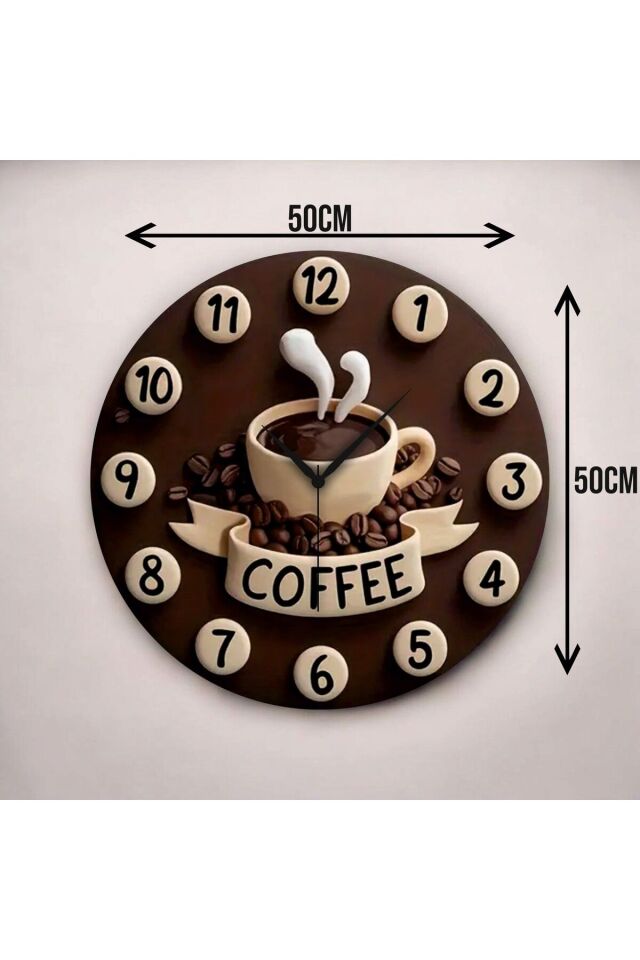 Kabartma Görünümlü Kahve Coffee Renkli Baskı Desenli Sayılı Hediyelik Ahşap Sessiz Duvar Saati 50cm