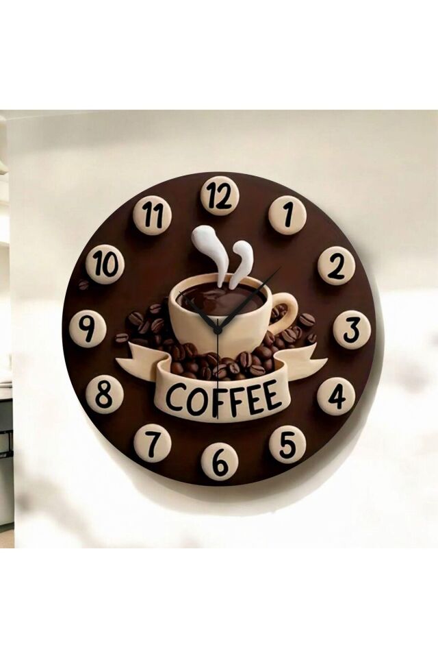 Kabartma Görünümlü Kahve Coffee Renkli Baskı Desenli Sayılı Hediyelik Ahşap Sessiz Duvar Saati 50cm