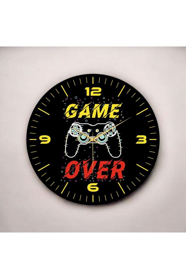 Gamer Oyuncu Renkli Baskı Desenli Sayılı Hediyelik Ahşap Sessiz Duvar Saati 50cm