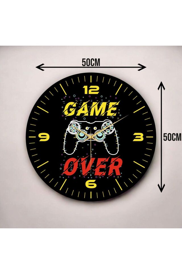 Gamer Oyuncu Renkli Baskı Desenli Sayılı Hediyelik Ahşap Sessiz Duvar Saati 50cm