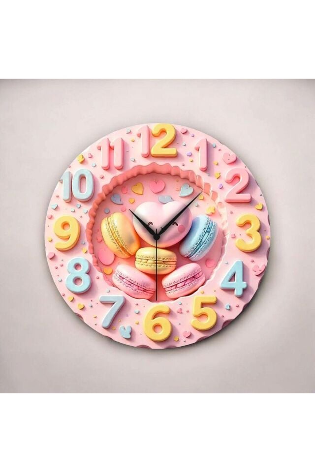 2D Kabartma Görünümlü Makaron Renkli Baskı Desenli Sayılı Hediyelik Ahşap Sessiz Duvar Saati 50cm