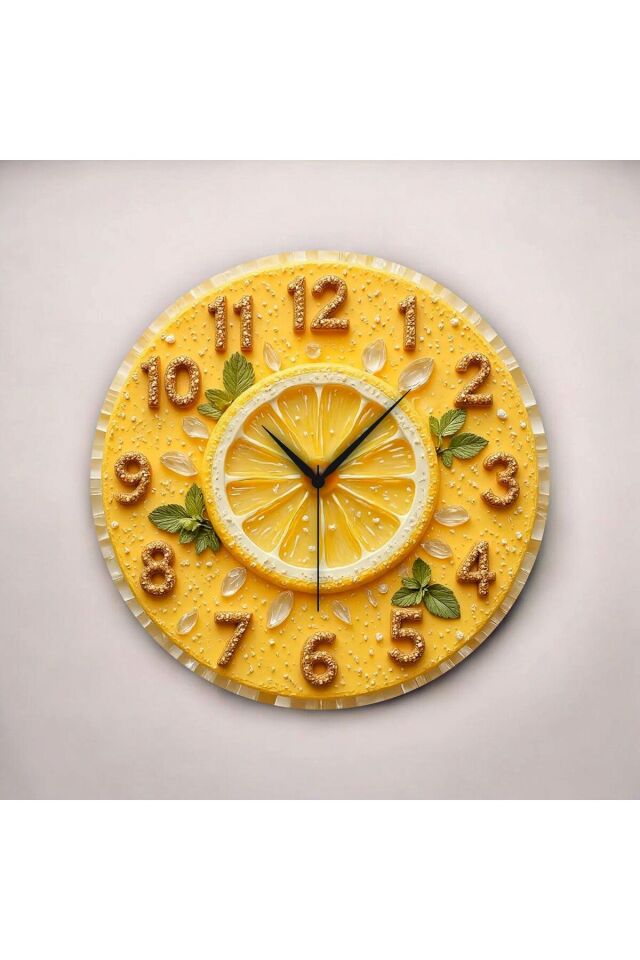 2D Kabartma Görünümlü Limon Renkli Baskı Desenli Sayılı Hediyelik Ahşap Sessiz Duvar Saati 50cm