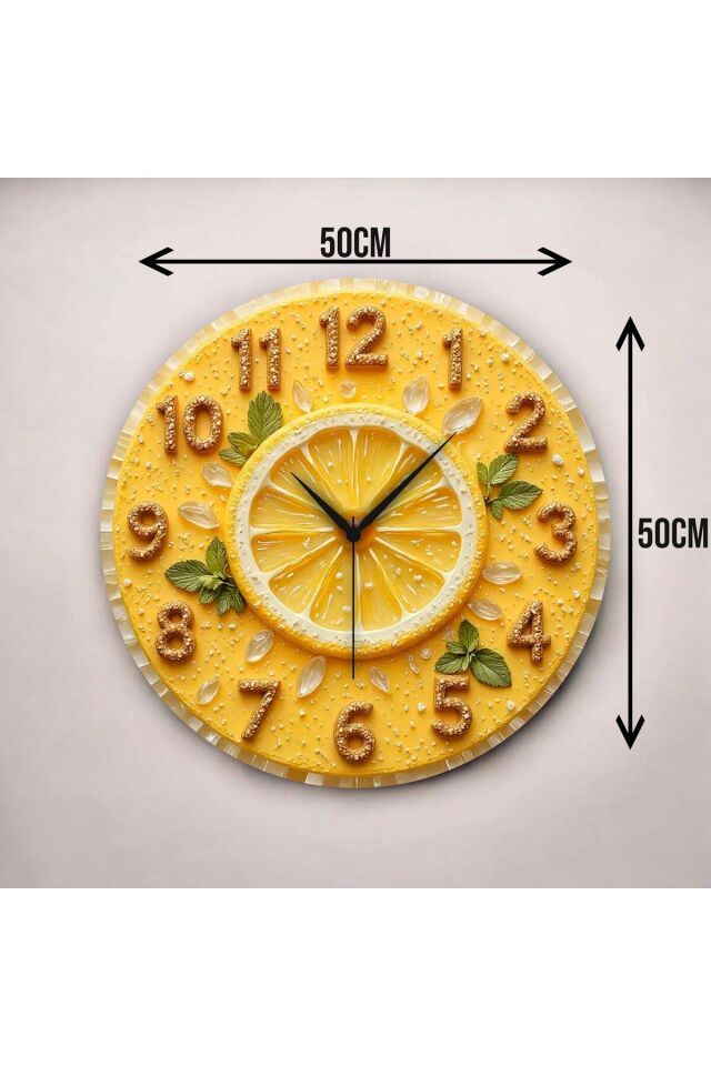2D Kabartma Görünümlü Limon Renkli Baskı Desenli Sayılı Hediyelik Ahşap Sessiz Duvar Saati 50cm