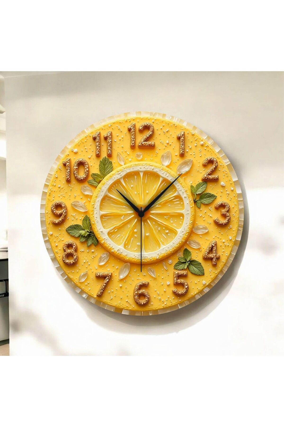 2D Kabartma Görünümlü Limon Renkli Baskı Desenli Sayılı Hediyelik Ahşap Sessiz Duvar Saati 50cm