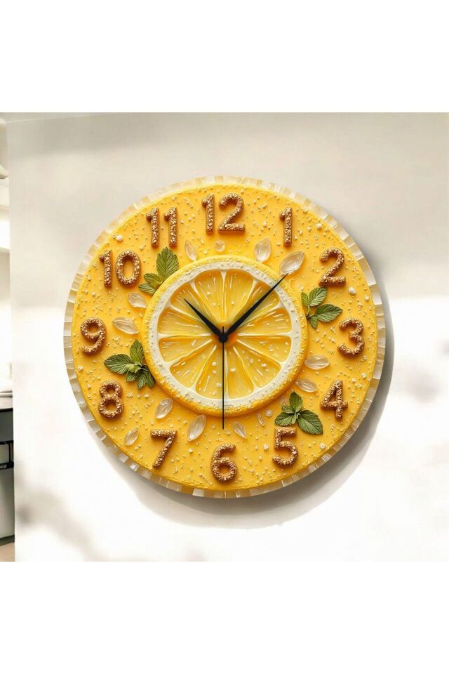 2D Kabartma Görünümlü Limon Renkli Baskı Desenli Sayılı Hediyelik Ahşap Sessiz Duvar Saati 50cm