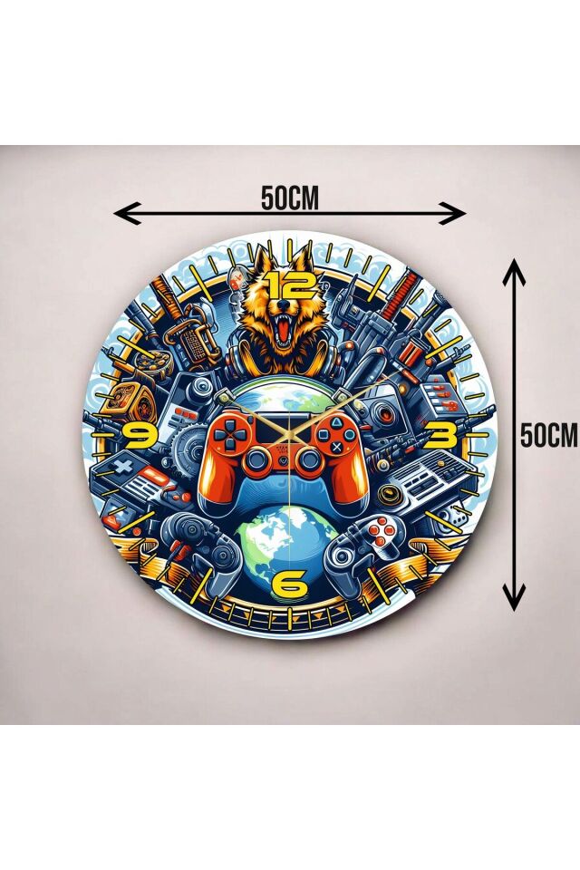Gamer Oyuncu Renkli Baskı Desenli Sayılı Hediyelik Ahşap Sessiz Duvar Saati 50cm