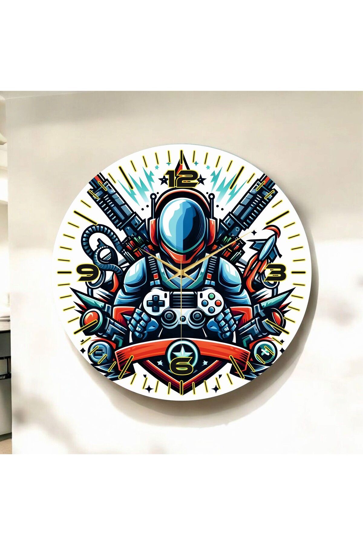 Gamer Oyuncu Renkli Baskı Desenli Sayılı Hediyelik Ahşap Sessiz Duvar Saati 50cm