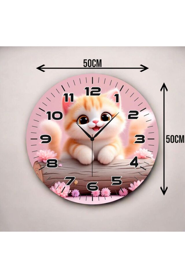 Kedi Renkli Baskı Çocuk Odası Desenli Sayılı Hediyelik Ahşap Sessiz Duvar Saati 50cm