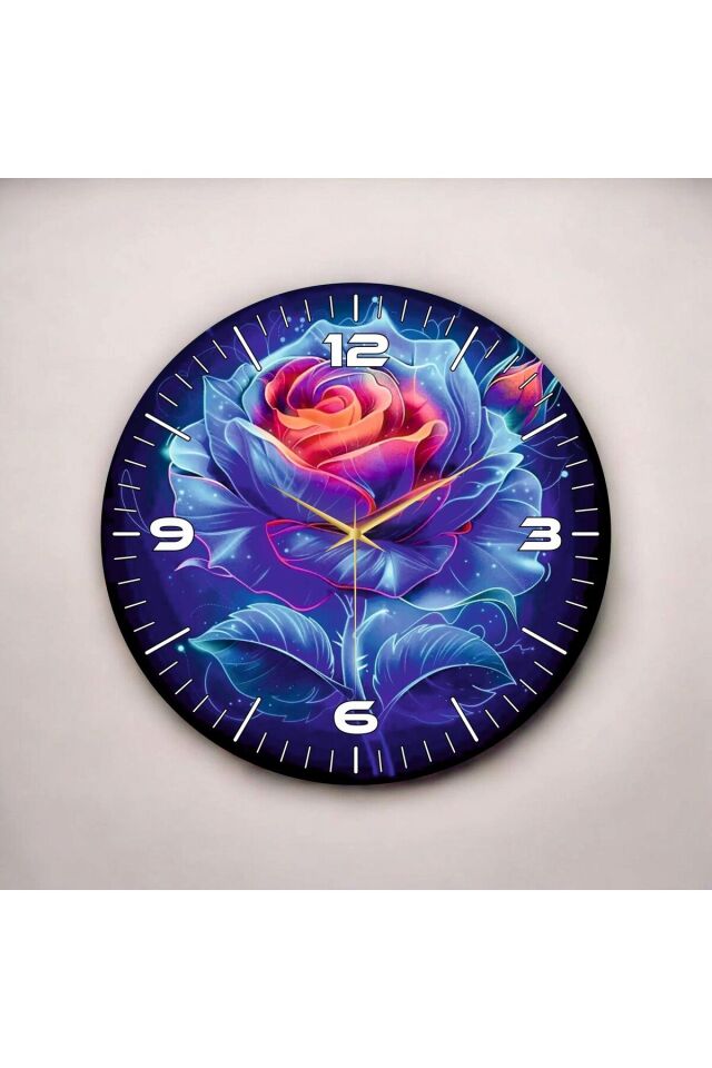 Çiçek Gül Renkli Baskı Desenli Sayılı Hediyelik Ahşap Sessiz Duvar Saati 50cm