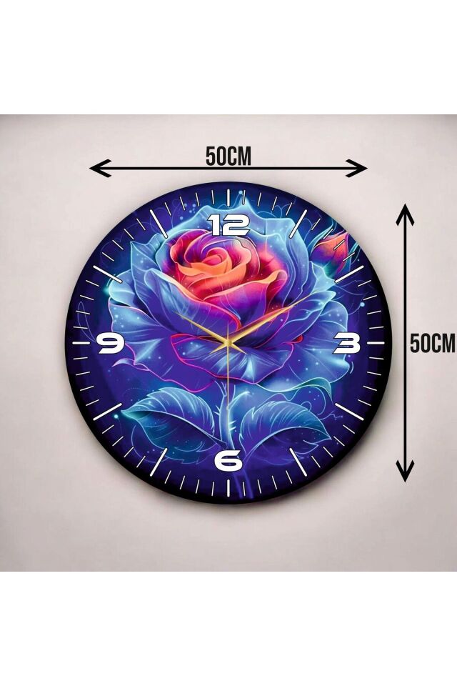 Çiçek Gül Renkli Baskı Desenli Sayılı Hediyelik Ahşap Sessiz Duvar Saati 50cm