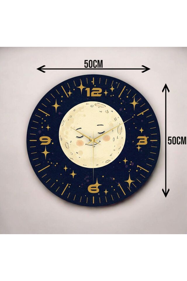 Renkli Baskı Ay Desenli Sayılı Hediyelik Ahşap Sessiz Duvar Saati 50cm