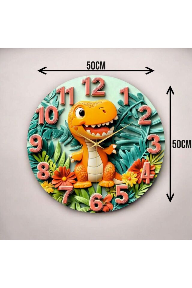 Çocuk Odası Hayvan Renkli Baskı Desenli Sayılı Hediyelik Ahşap Sessiz Duvar Saati 50cm