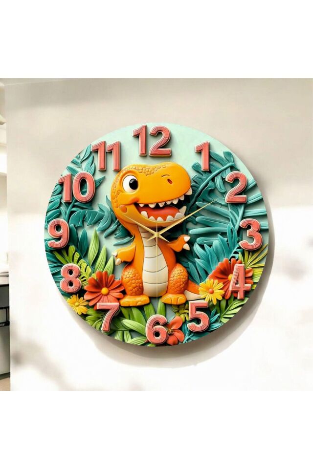 Çocuk Odası Hayvan Renkli Baskı Desenli Sayılı Hediyelik Ahşap Sessiz Duvar Saati 50cm