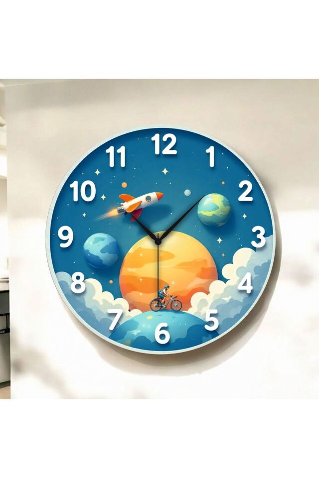 Çocuk Odası Uzay Renkli Baskı Desenli Sayılı Hediyelik Ahşap Sessiz Duvar Saati 50cm