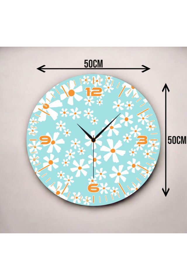 Çiçek Desenli Renkli Baskı Sayılı Hediyelik Ahşap Sessiz Duvar Saati 50cm