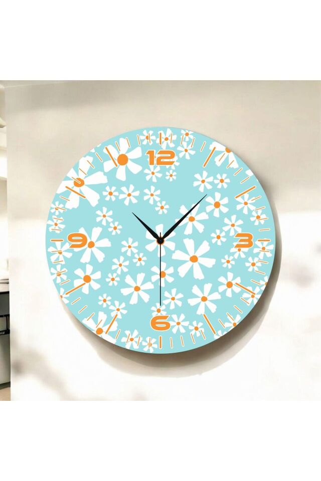 Çiçek Desenli Renkli Baskı Sayılı Hediyelik Ahşap Sessiz Duvar Saati 50cm