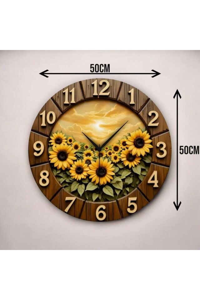 2D Ayçiçeği Desenli Renkli Baskı Sayılı Hediyelik Ahşap Sessiz Duvar Saati 50cm