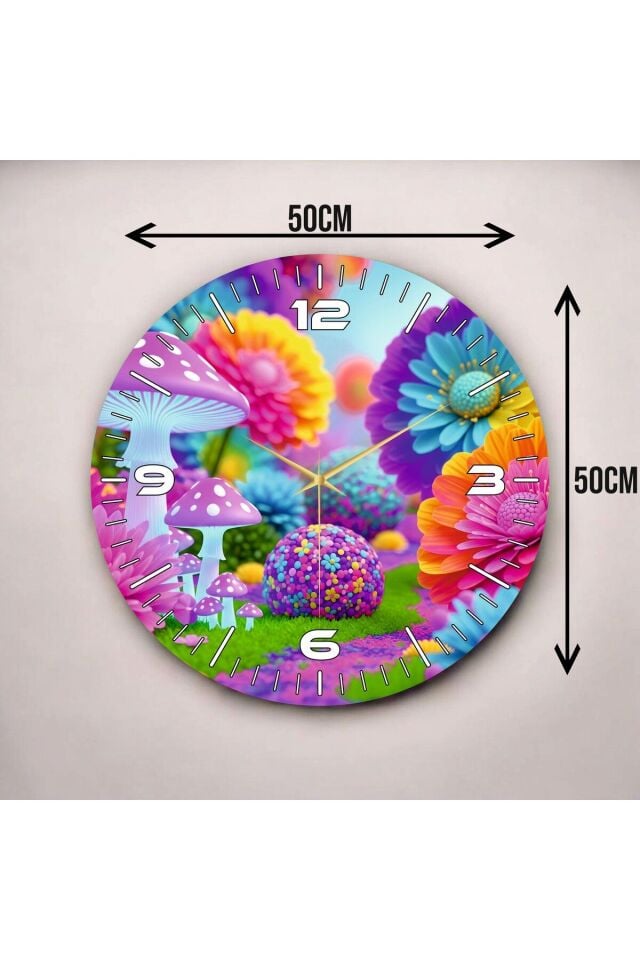 Renkli Baskı Desenli Sayılı Hediyelik Ahşap Sessiz Duvar Saati 50cm