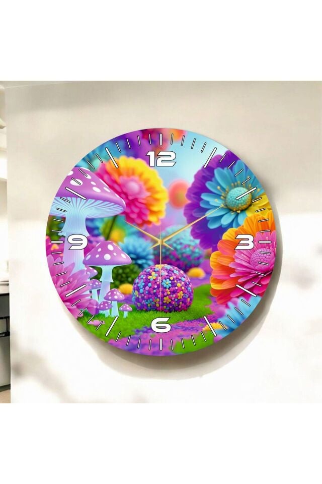 Renkli Baskı Desenli Sayılı Hediyelik Ahşap Sessiz Duvar Saati 50cm