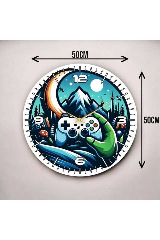 Gamer Oyuncu Renkli Baskı Desenli Sayılı Hediyelik Ahşap Sessiz Duvar Saati 50cm