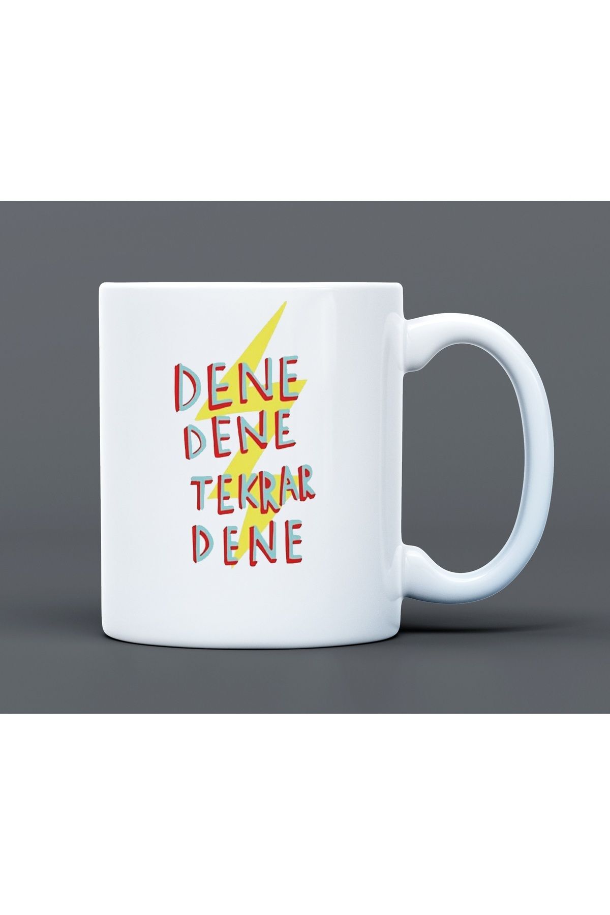 Dene Dene Tekrar Dene Yazılı Desenli Hediyelik Büyük Boy Porselen Kupa Bardak